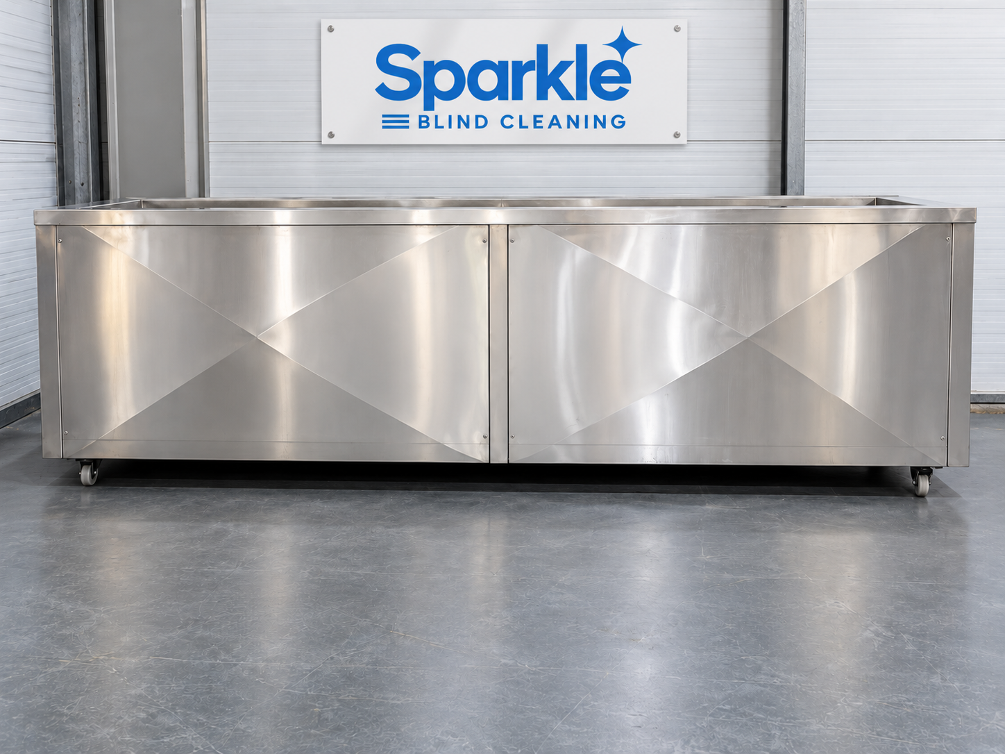 Sparkle Blind Cleaning's stainless-steel ultrasonic blind-cleaning machine in the workshop